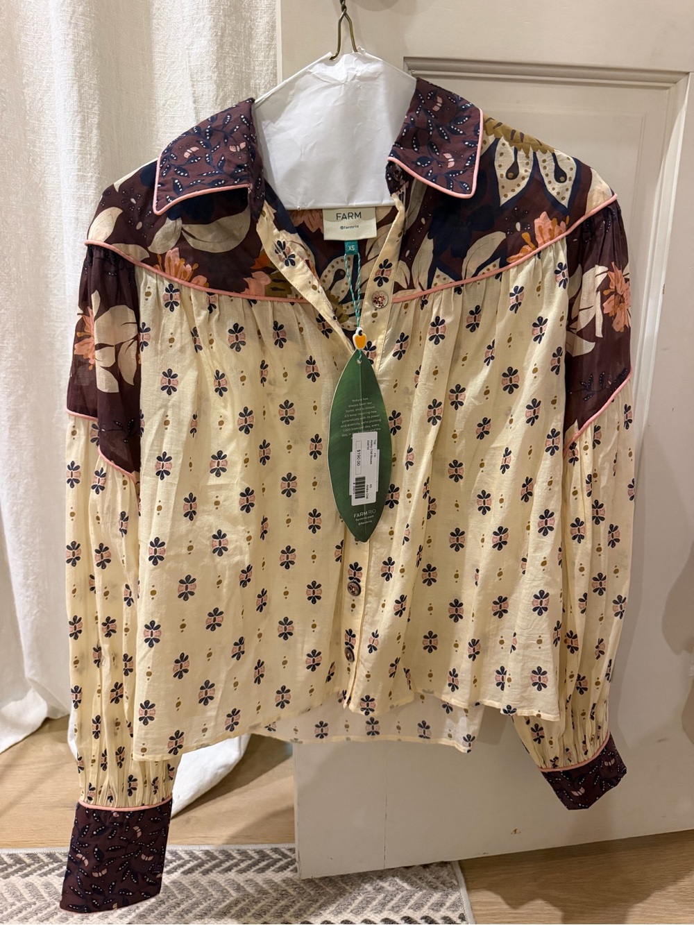 NWT FARM Rio Cream Floral-Print Mixed Yoke Blouse with Brown Accents